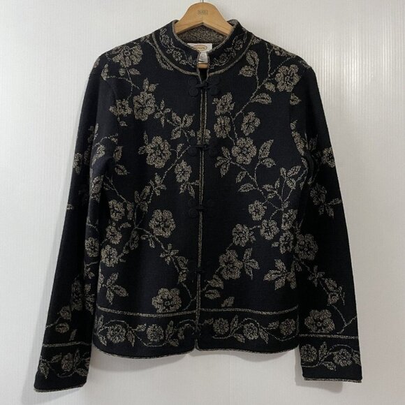 VTG Talbots Size S Black Gold Floral 100% Merino Wool Cardigan w/ Frog Closure - Picture 1 of 16